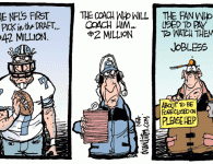 A bit of Perspective <img src="http://www.drewlitton.com/wp-content/uploads/2009/04/jobless1-250x155.gif" alt="jobless1" title="jobless1" width="250" height="155" class="alignleft size-thumbnail wp-image-580" />
<strong>Time Out for this Public Service Announcement</strong>
This was one of those cartoons that I just needed to get out of my system. Perhaps because I find myself in the same predicament as the guy in the third panel, perhaps because I find it so outrageous that someone is getting $42 Million just to sign a contract. The money is guaranteed. We have lost so much perspective in this modern era of sports. Players are coddled early, never told no, and pretty much spend their lives oblivious to the outside world. So this cartoon is for all of you out there who sometimes feel like we have it all backwards. That teachers and firemen and people who help people are the ones who should be given the huge salaries. This one is for those of you who feel perhaps that life isn't fair (it isn't) and just want to scream at the injustice of it all. Yeah, this one's for you.