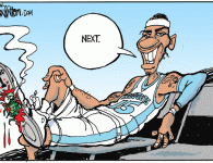 Nuggets : Doin’ the Round Two Step <img src="http://www.drewlitton.com/wp-content/uploads/2009/04/meloroundone1-250x167.gif" alt="meloroundone1" title="meloroundone1" width="250" height="167" class="alignleft size-thumbnail wp-image-593" />
<strong>Amazing what a difference a year can make</strong>
Gone are the sullen days of Allen Iverson. Behind Chauncey Billups and Carmelo Anthony, with contributions from Birdzilla and J.R. Smith the Nuggets disposed of the Hornets and cruised into round Two of the NBA playoffs. Finally, the long drought for the Nuggets is over. The Hanzlik, and Issel eras are only vanishing visions in the rear view mirror. And, more importantly, Melo has learned how to win. I've been pretty rough on Melo through the years. But I'm glad to see him take this team into the second round. The Nuggets are the team nobody wants to play. Hang on. It might be a nice long fun ride.
<strong>Caption Contest winding down </strong>
This week's caption contest is coming to a close. We'll take entries until 6 p.m. tonight. So run, hurry, and write lots of captions. The more you enter the better your chances.