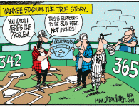 Yankee Stadium: The True Story <img src="http://www.drewlitton.com/wp-content/uploads/2009/04/yankee-stadium1-250x169.gif" alt="yankee-stadium1" title="yankee-stadium1" width="250" height="169" class="alignleft size-thumbnail wp-image-586" />
<strong>The House that Bozo Built</strong>
Maybe it's the Red Sox stuff still secretly buried beneath home plate. Maybe its a different kind of curse of the Bambino. Regardless, Yankees Stadium has now replaced Coors Field as the the Home Run capital of Baseball. Can some some body say "humidor".
<strong>Caption Contest Going Strong</strong>
Thanks to everyone for the great response to this weeks caption contest. So awesome to see the participation growing. Keep those concepts coming and be sure to invite the person in the next cubicle to see if you can beat them at it. Nothing like a little inner-office rivalry. I think that's the way the Yankees vs Red Sox war got started.