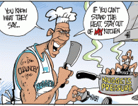 Chauncey’s Cookin’ Now <img src="http://www.drewlitton.com/wp-content/uploads/2009/05/heatinkitchen.gif" alt="heatinkitchen" title="heatinkitchen" width="250" class="alignleft size-full wp-image-606" />
<strong>Nuggets are on a Roll</strong>
And so it goes, on and on and on. The Mavericks looked positively baffled at the end of the game, and the Nuggets looking more like the cat who just wolfed the canary. It was a full day at the drawing board, working on tweaks to the website, a new cartoon for 9News, a Nuggets cartoon for drewlitton.com and a syndicated one for United Features as well. I absolutely dispel any myths about cartoonists who spend the day on the golf course. I hope you enjoy the changes we are making to make things a little more fun here on the blog. It will probably be Wednesday before you notice any changes.