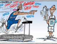 <img src="http://www.drewlitton.com/wp-content/uploads/2009/05/mavslastgasp.gif" alt="mavslastgasp" title="mavslastgasp" width="250"  class="alignleft size-full wp-image-621" />

<strong>It's The Altitude</strong>
I always enjoy seeing the effects that the altitude plays on Denver opponents. I sat watching the Nuggets closing out the 3rd period of last nights playoff match-up against the Mavericks really strong. It was all over. The Nuggets played the 4th quarter to perfection, playing tenacious defense and running the basketball down the collective panting throats of the Mavs. It was brilliant and a vision of why the Nuggets are so very dangerous in the playoffs right now. When they move the ball, force it inside for easy shots it is a thing of beauty. It sets up the threes so well. The Nuggets outplayed the Mavs in the first two games. It goes back to Dallas and the going will be a bit tougher. if the Nuggets can steal one there it makes the Nuggets chances to advance very good.

<strong>Caption Contest Going Strong</strong>
The Contest is going great again this week. I encourage everyone to submit their entries early and often. And do me a favor. Tell two of your friends about the website and the contest. The more entries the funnier the contest.