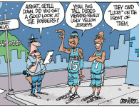 Lakers vs. Nuggets: The Police Report <img src="http://www.drewlitton.com/wp-content/uploads/2009/05/nuggetsrobbed.gif" alt="nuggetsrobbed" title="nuggetsrobbed" width="250" class="alignleft size-full wp-image-721" />
<strong>Nuggets report stolen game.</strong>
The Nuggets had the Lakers right where they wanted them. Against the ropes, down for the count and they let 'em up just long enough to give 'em life. This puts the Nuggets in a pressure cooker on Thursday night. They know they have to get one back. It won't be easy but the Nuggets did show that the Lakers are in for a tussle. Thank goodness for the WWE.
<strong>Don't forget the Caption contest </strong>
Great entries so far. I hope you guys have as much fun writing them as I do reading them. I can tell this week it's going to be tough to pick a winner. So, what do you all think of game one? Observations? Coaching advice? Kidnap Kobe? Let me know!