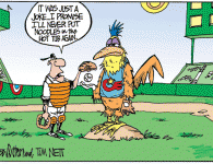 <img src="http://www.drewlitton.com/wp-content/uploads/2009/06/chickenwinner.gif" alt="chickenwinner" title="chickenwinner" width="250"  class="alignleft size-full wp-image-859" />
<strong>It ain't just Chicken scratch</strong>
<strong>Tim Nett </strong>is our grand prize winner this week with this hilarious take of The Chicken on the Mound.
Our two runner-ups were:
 <strong>Heather</strong> with " No, I do NOT think the chicken dance between pitches is helping."
S<strong>herrie</strong>  with "Try not to pitch like a turkey."
And this week we have an <strong>honorable mention</strong> winner from <strong>Brian</strong> who sent this one : "It’s Mark Fidrych tribute night, so do this right".  I thought his caption showed a certain sense of baseball history that I rather liked. That and I was a big fan of Mark "the Bird" Fidrych. I actually saw him pitch once against the Rangers in the summer of 76.

Prize winners please e-mail me at sportoonz@gmail.com with your addresses so I can send out your prizes. 
Just a note on that: I'm almost through the backlog of prizes to be mailed out after I returned from Las Vegas. It takes a little time for me to do the sketches I send. I appreciate your patience.

<strong>Now to see a little something extra about why I did the chicken cartoon just click on more.</strong>