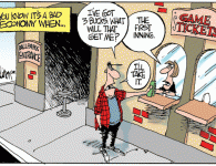 <img src="http://www.drewlitton.com/wp-content/uploads/2009/06/ticketprices.gif" alt="ticketprices" title="ticketprices" width="250"  class="alignleft size-full wp-image-881" />
<strong>You know the economy is bad when...</strong>
All of us by now are just a wee bit tired of bad economic news. How bad is it? Well, that's where this idea came from. These are my favorite kinds of sports cartoons to do, ones that a large segment of people can relate to. Hopefully they go where every cartoonist dreams a good cartoon will go...the refrigerator, the office cubicle or break room or taped to someones cash register or the wall behind a deli. I once had some routine blood work done at one of those diagnostics places. When I sat down I faced an entire wall of my cartoon clippings. It was strange, to say the least, but it did make me feel like I was in good hands.