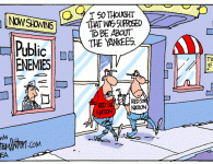 <img src="http://www.drewlitton.com/wp-content/uploads/2009/07/yankees.gif" alt="yankees" title="yankees" width="250"  class="alignnone size-full wp-image-951" />
<strong>The War of the Public Enemies</strong>
I'm a huge Johnny Depp fan and can't wait to see his newest movie "Public Enemies". I was, of course, particularly fond of the films title because it plays right into baseball's ugliest family feud, the Yankees vs. the Red Sox. So here's a cartoon that goes out to the boys of summer.

Don't forget our caption contest for the week which is winding down. Get those last minute entries in pronto.