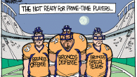 Denver Broncos No Shows <img src="http://www.drewlitton.com/wp-content/uploads/2009/11/prime-time.gif" alt="prime-time" title="prime-time" width="600" height="362" class="alignnone size-full wp-image-1654" />
<strong>Buzzsaw</strong>
That's what the Broncos ran into when they met the<strong> Pittsburgh Steelers</strong> on Monday night. Strange how different the Broncos have looked since the bye week. Just as we thought the Broncos have hit a pretty steep part of their schedule. Before the season began everyone guessed they wouldn't fare well against these types of smash mouth defenses. But after the 6-0 start I think we all started drinking the Kool-aid. They'll have a breather against the Redskins (though the way they are playing nothing is a given) and then will face a hungry Chargers team that is starting to smell blood. <strong>Orton</strong> was awful, the running game was non-existence, the defense struggled and will they please send <strong>Mitch Berger</strong> back where he came from. Clearly there's trouble in Paradise.