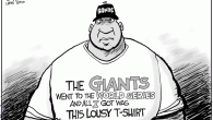 Giants vs. Rangers: Bonds Away <img src="http://www.drewlitton.com/wp-content/uploads/2010/10/bondsaway1.gif" alt="" title="bondsaway" width="600" height="400" class="alignnone size-full wp-image-3398" />
And so the story goes...Barry Bonds always wanted a World Series. And I always wanted to draw a cartoon about it. So in this season of newbies in the Series, the Rangers vs. the Giants, I think it's appropriate for this slightly irreverent cartoon.
What do you think about the Series. Part of me is pulling for the Rangers and part of me is rooting for the Giants because of my old pal Phil Frank, who drew hundreds of cartoons featuring his bears characters rooting for the Giants in his comic strip Farley that he did for the San Francisco Chronicle. So I think I'll go that direction. C'mon Giants! Win one for Alphonse and Farley!
<img src="http://www.drewlitton.com/wp-content/uploads/2010/10/130_CHARalphonse.jpg" alt="" title="130_CHARalphonse" width="130" height="123" class="alignnone size-full wp-image-3399" />