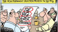 The Beast from the East <img src="http://www.drewlitton.com/wp-content/uploads/2011/03/NCAAselectionprocess.gif" alt="" title="NCAAselectionprocess" width="600" height="400" class="alignnone size-full wp-image-3951" />
It was a super busy crazy day on Wednesday. I had three cartoons to finish and some website things to attend to. So I'm getting to your comments late I'm afraid.
In researching today's cartoon (I always do a lot of reading to get topics and trends) I found some great stuff by Joe Dorish over at Yahoo.com. You can read the entire article <a href="http://rivals.yahoo.com/ncaa/basketball/news?slug=ycn-7659510">here</a>
In a nutshell Dorish had some very telling stats to prove that the Big East have been dominant this year.
Combined the Big East has a 27-15 (.643) record vs teams from the ACC, Big Ten, SEC, Big 12 and Pac 10. And that includes winning records vs each and every conference. And the wins are not padded by beating up the weak teams in those conferences.
Only two schools (Auburn and Texas Tech) from those five conferences that have played Big East teams have losing records. Combined all the teams from those five power conferences that have played Big East teams this year have a record of 506-240 (.678).
So Big East teams have won nearly 2 out of every 3 games they played (.643) vs the other power conferences in college basketball this season while the teams they beat have won better than 2 out of every 3 games they have played (.678).
Amazing, huh. And you know how the at large Tourney bids are given, right...just like today's cartoon.