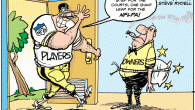 <img src="http://www.drewlitton.com/wp-content/uploads/2011/05/captionwinner050611color.gif" alt="" title="captionwinner050611color" width="600" height="400" class="alignnone size-full wp-image-4235" />

Congrats Steve for a great caption given the level of difficulty on this one due to the changing news story involved. We had some really awesome entries. 
Here are a few.
"Don’t tell me to stay, I’m not a puppy!" by Frank
"Don’t worry. With these courts we’ll keep playing this out like Ralph Wolf and Sam Sheepdog." from Richard Gardner 
and from Ron Chilcutt "This is what we think about your 18 game schedule!"
New contest posts at noon!