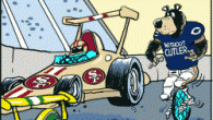 I had a blast on my latest cartoon for the Tribune. I like the perspective on this one with the Packers race car closer to the camera so to speak....