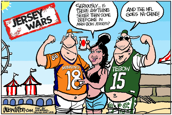 It’s a real life episode of Jersey Wars. Apparently Peyton Manning and Tim Tebow are neck and neck in NFL jersey sales. Quite the fashion statement for the fall, eh?...