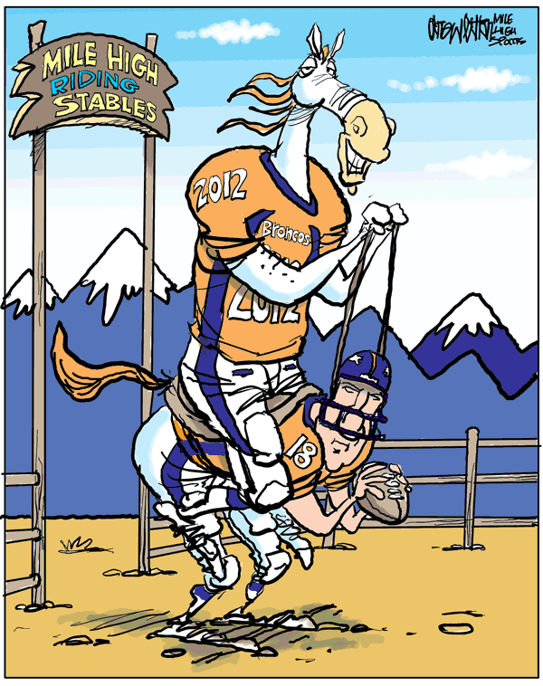 This one is my favorite of the bunch of the cartoons I did in the newest edition of Mile High Sports Magazine. If you’d like to see the whole kit...